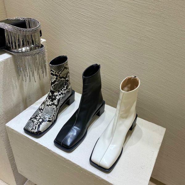 

boots dxfan square toe snake print ankle for women strange thick heel winter botas mujer back zip casual ladies shoes, Black
