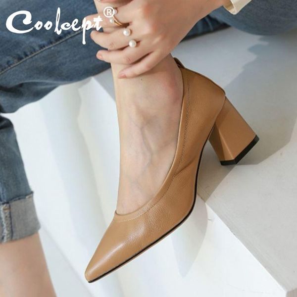 

coolcept women high heel shoes genuine leather thick pumps fashion office ladies footwear size 33-40 dress, Black