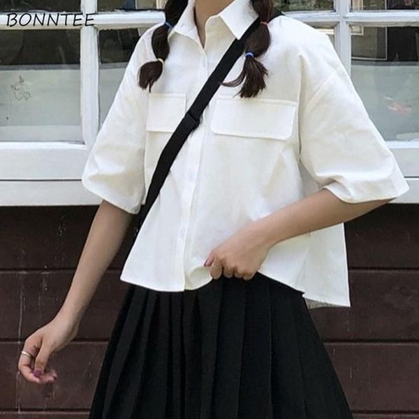 

women's blouses & shirts women preppy style summer students loose pockets all-match pure color turn down collar casual mujer ropa hipst, White