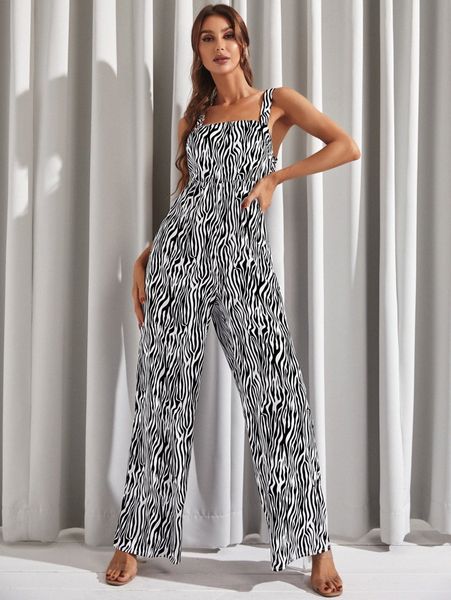 

luukse zebra striped tie back jumpsuit m4in#, White