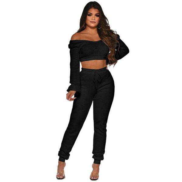 

two piece dress women slash neck long sleeve crop pants solid suit set casual fitness outfits, White
