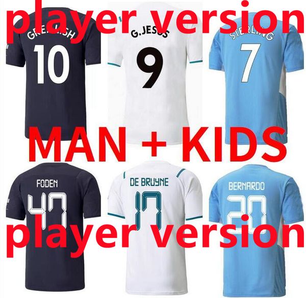 

fans player version 21 22 grealish de bruyne soccer jerseys home away 2021 2022 g. jesus bernardo sterling mahrez ferran rÃºben man kids kit, Black;yellow
