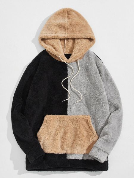 

men color-block kangaroo pocket drawstring teddy hoodie u4yb#, Black
