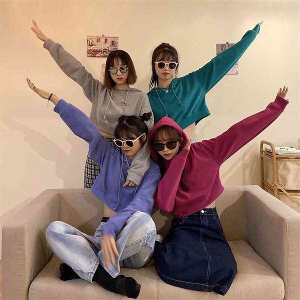 

short clothes women winter solid colour long-sleeved hoodie casual pullovers sweatshirts hoodies sfetry damskie 210519, Black