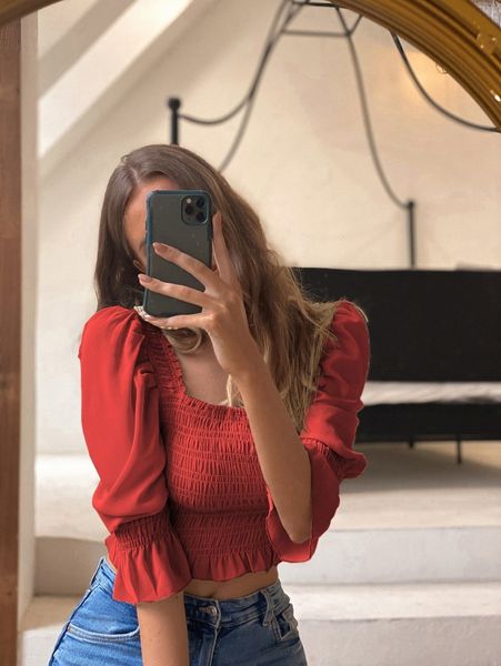 

puff sleeve shirred crop blouse t48z#, White