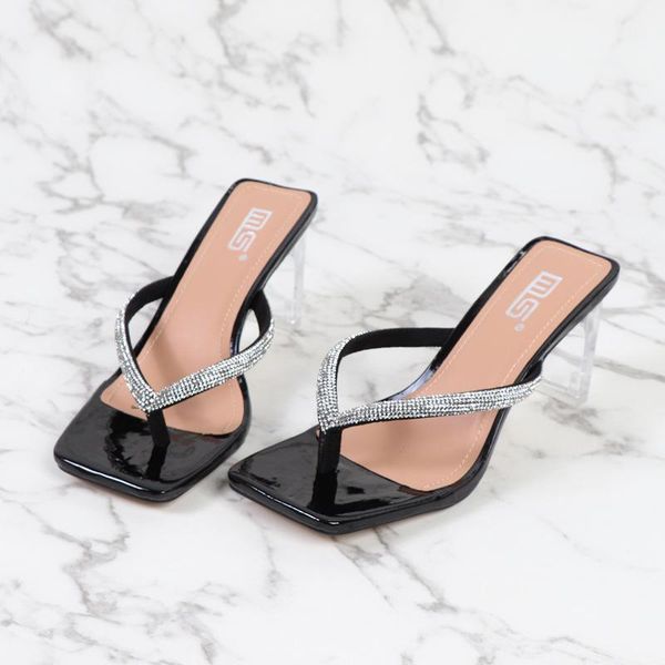 

women's shoes 2021 summer square toe rhinestone high-heeled sandals feminine transparent with thick heel large size slippers, Black