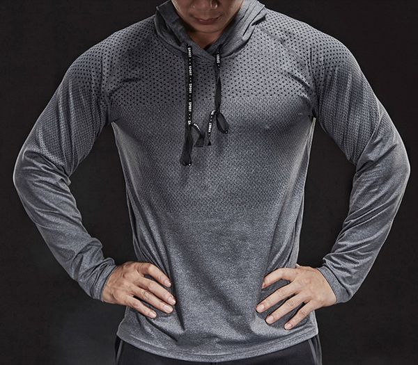 Светло-серый осень зима толстый бегущий мужской мужчина длинный рукав с капюшоном тренажерный зал футболка фитнес тренировочный футболка быстрые сухие дышащие спорты
