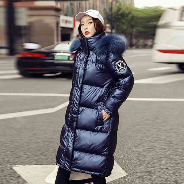 

women's down jacket long winter natural fur collar coat female reflective thick warm puffer parka large plus size outerwear, Black