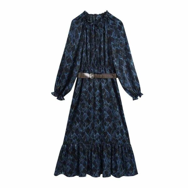 

women dress with belted printed long sleeves ruffled v-neck midi dress vintage elegant chic long woman dress 210709, Black;gray