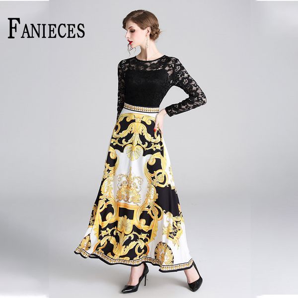 

spring summer vintage print women maxi dresses lace patchwork fashion elegant office ladies party long dress slim dress 210520, Black;gray