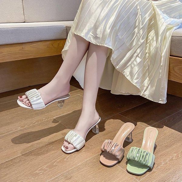 

high-heeled shoes lady womens slippers outdoor med slides fashion pantofle soft luxury 2021 pu rubber hoof casual femal, Black