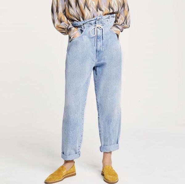

women's jeans women high waisted loose straight pleated vintage denim trousers casual sashes cotton pants, Blue