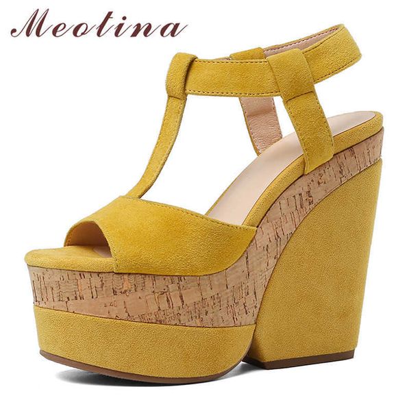 Meotina Sandális de Verão Mulheres Sapatos Criança Camurça Plataforma Calçadeira T-Strap Tênis Couro Real Super Alto Salto Sandálias Senhoras 34-42 210608