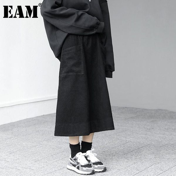 

skirts [eam] big pockets corduroy black thick high elastic waist half-body skirt women fashion tide spring autumn 2021 1dd4724