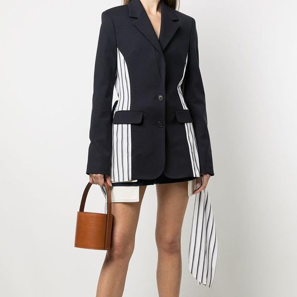 

women's suits & blazers fabpop 2021 autumn design long sleeve v neck single breasted buttons black striped patchwork slim blazer women, White;black