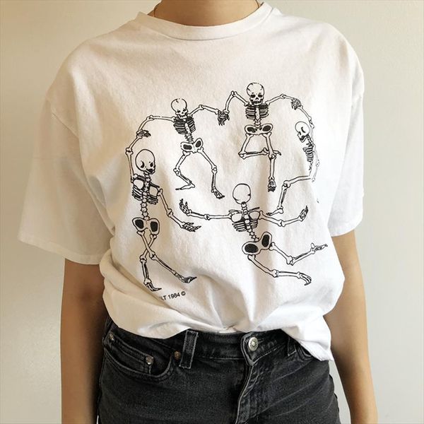 

aesthetics vintage bones head personality women friend cartoon print summer harajuku casual loose o neck clothing, White