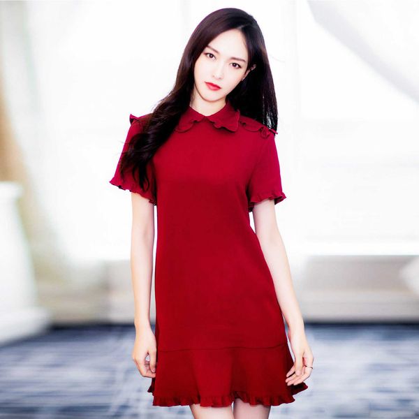 

women's spring fashion star tang yan same big red sweet baby collar short sleeve drs, Black