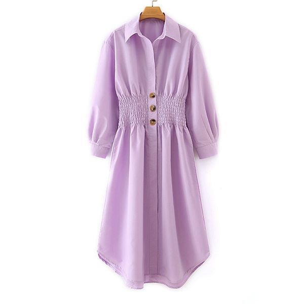 

summer cotton and polyester turn-down collar purple solid buttons casual pullover women mid-calf dress 210524, Black;gray