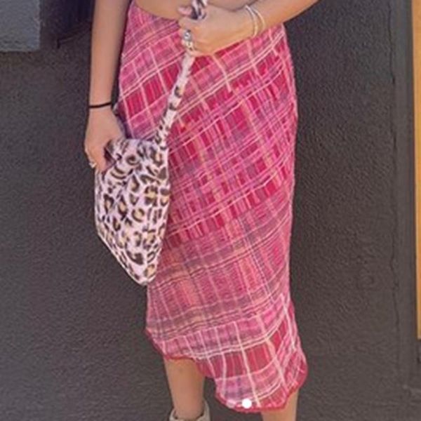 

vintage pink plaid print asymmetrical skirt korean streetwear y2k aesthetic checkered women high waist a-line bodycon skirts, Black