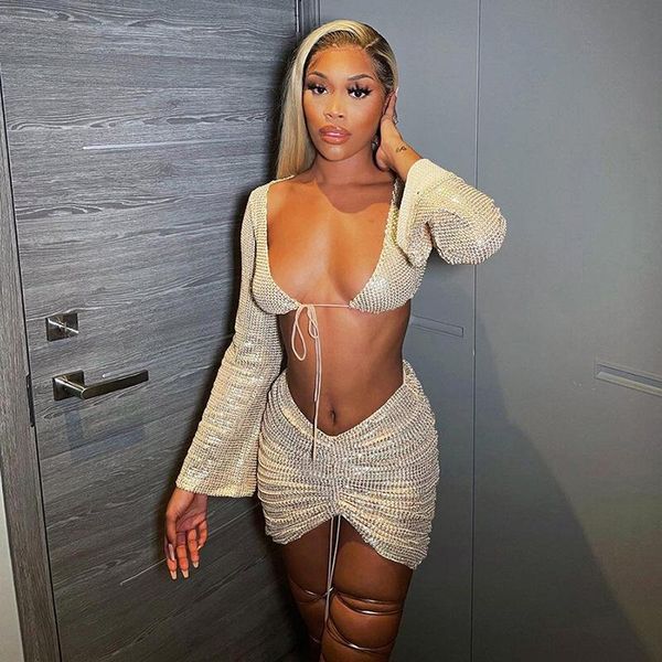 

women's tracksuits 2021 summer sequins strappy cardigan package hip skirt casual suit women, Gray