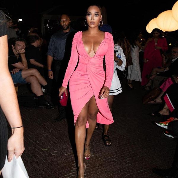 

casual dresses wjfzqm deep v neck long sleeve bodycon dress ladies club midi autumn ruched slit pink party for women, Black;gray