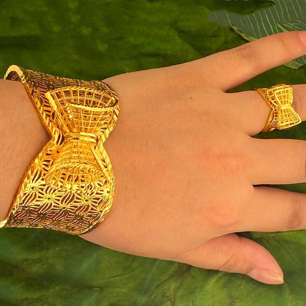 

bangle bow tie dubai for women 24k gold color bohemia african india bracelet with ring saudi arabia bridal wedding gifts, Black