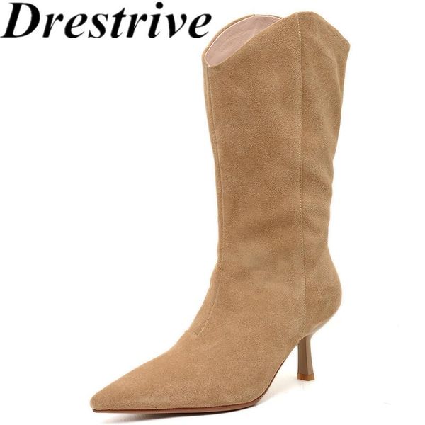 

boots drestrive women mid calf cow suede pointed toe thin heel slip on 2021 classics winter high shoes black