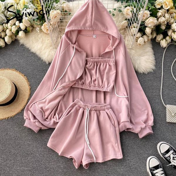 

women's tracksuits syiwidii 2 pieces set women fall clothes tracksuit outfits hooded with bandeau summer elastic waist lace up shorts, Gray