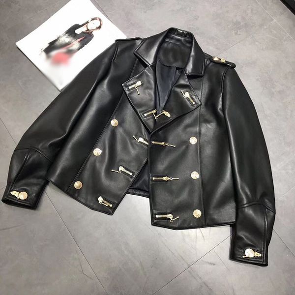 

shorts autumn winter women designer buttons korean loose genuine jackets motocycle real sheepskin leather coats a242, White;black