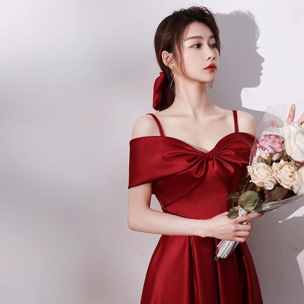 

ethnic clothing women burgundy sain spaghetti strap evening gown elegant a-line wedding party dresses formal toast, Red