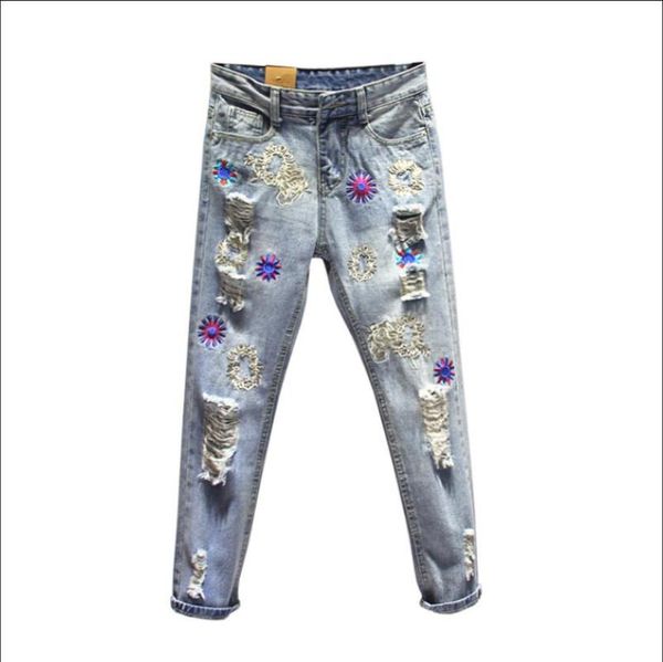 

women's jeans 2021 spring summer women heavy embroidery flower loose harem pants girls holes trousers slim denim, Blue