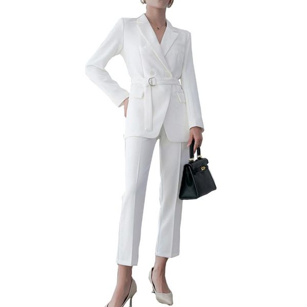 

women's two piece pants white suits 2 set women elegant suit female career office casual double breasted blazer+pencil pan