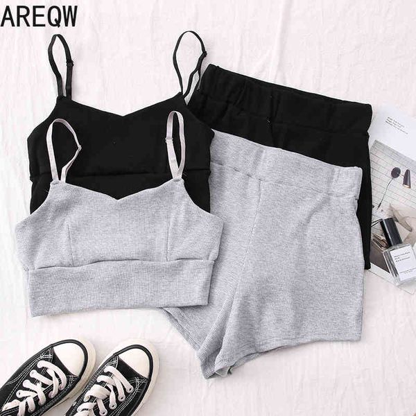 

summer fashion all-match camisole short crop + elastic waist shorts two-piece female 210507, White