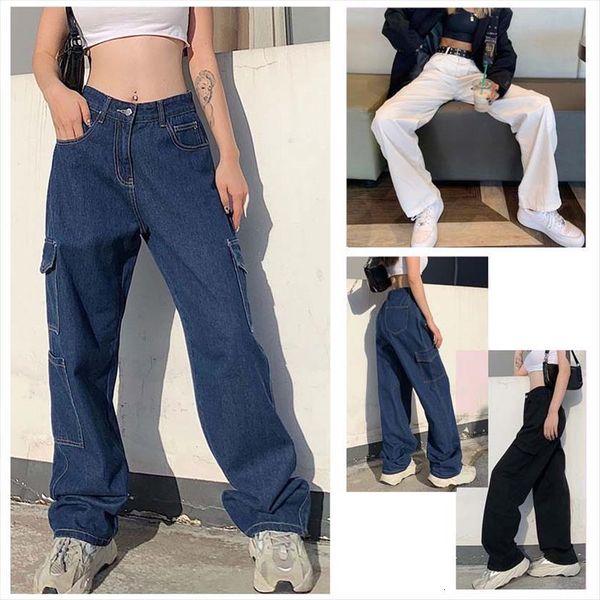 

y2k fashion casual high waist womens jean harajuku streetwear pocket loose straight pants vintage wide leg cargo denim, Blue