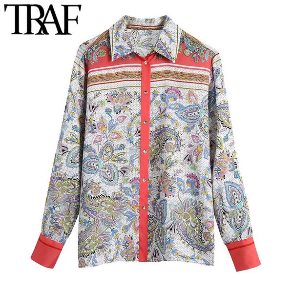 TRAF Kadınlar Moda Paisley Baskı Gevşek Rahat Bluzlar Vintage Uzun Kollu Button-Up Kadın Gömlek Blusas Chic Tops 210415