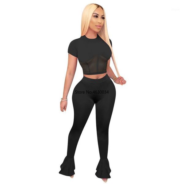 

solid women 2 piece set sheer mesh patchwork short sleeve crop flare pants 2021 summer fashion leisure tracksuit two dress, White