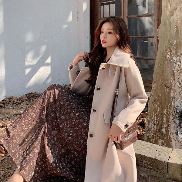 

women's wool & blends 2021 fall/winter over-the-knee hepburn style pure color woolen coat mid-length and small square button, Black