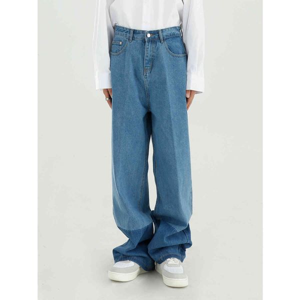 

male streetwear fashion retro jeans trousers men vintage splice color loose casual straigh denim wide leg pant, Blue