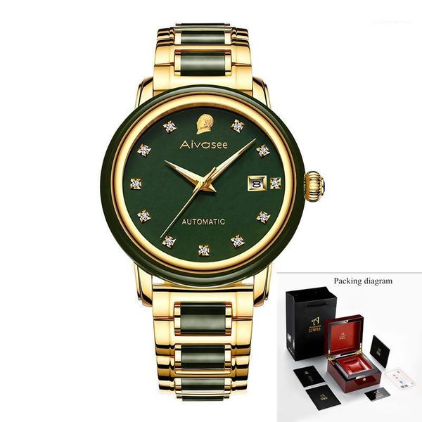 

hetian jade diamond fashion women watches automatic mechanical hollow business male wristwatches, Slivery;brown