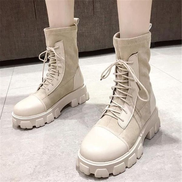 

boots spring women fashion lace up ladies ankle female strap black chunky platform shoe stretch fabric square heel sneakers