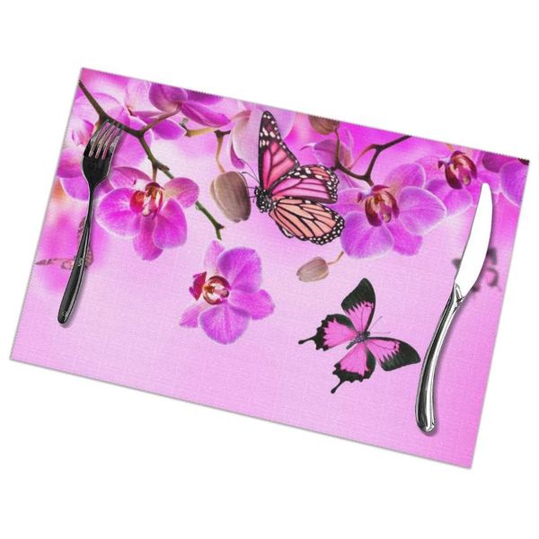 

6pcs placemat for dining table pink orchid butterfly heat-resistant kitchen accessories mats & pads
