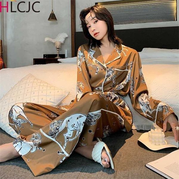 Luxus Frauen Pyjamas Set Nachtwäsche Winter Langarm Pijamas Mujer Sexy Dessous Nachtwäsche Seide Satin Pyjamas Femme Mit Gürtel 211215