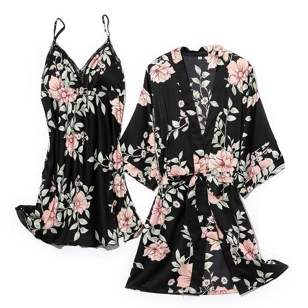 

print flower women sleepwear summer satin robe nightdress set bridal kimono bathrobe gown lace wedding nightwear suit women's, Black;red
