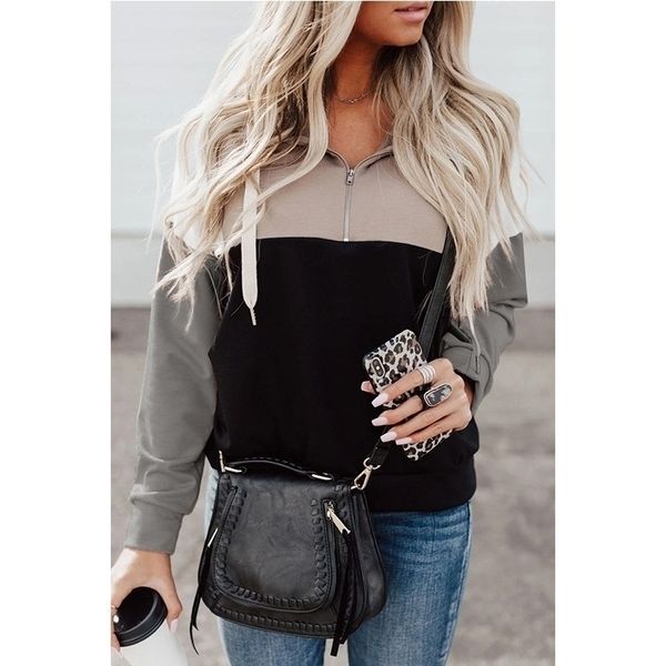 

autumn and winter v-neck long sleeve contrast color sweater women's half zipper splicing top, Black