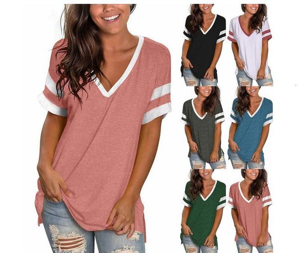 

in 2021 women's clothing spring and summer v-neck loose splicing short sleeve t-shirt, White