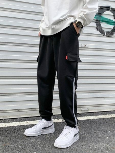 

men flap pocket contrast tape sweatpants 78l1#, Black