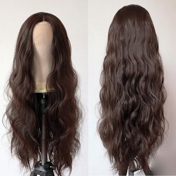 

synthetic wigs t-part brown for women heat resistant fiber hair long body wave, Black