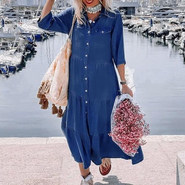 

casual dresses elegant button muslim dress women's autumn ruffle turkish robe female demin blue shirt long sleeve a slim waist, Black;gray