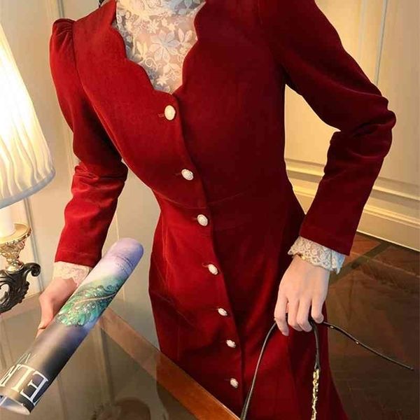 

french style retro red corduroy dress for women autumn winter knitting cotton office lady sheath 210416, Black;gray