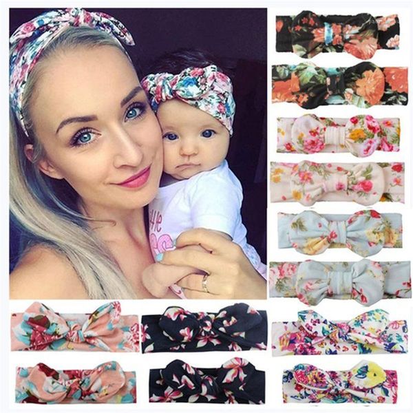 

2pcs/set mom & baby headbands mother turban daughter ears hairband floral print parent-child hair accessories1, Slivery;white
